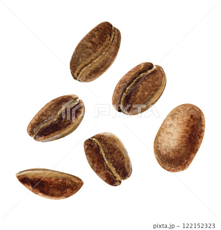 Watercolor set of isolated roasted coffee beans of different shapes and positions 122152323