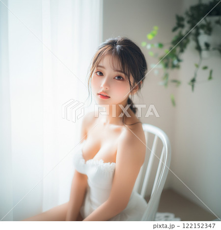窓辺の白い椅子に座る女性_ビューティーイメージ1 122152347