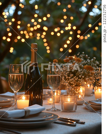 Romantic outdoor dinner with champagne and candlelight at sunset. AI Generative 122152756