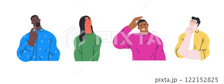 Thinking people, modern flat vector concept illustrations set- people standing thoughtfully. Metaphor for reflection, analysis, introspection, contemplation, deep thought 122152825