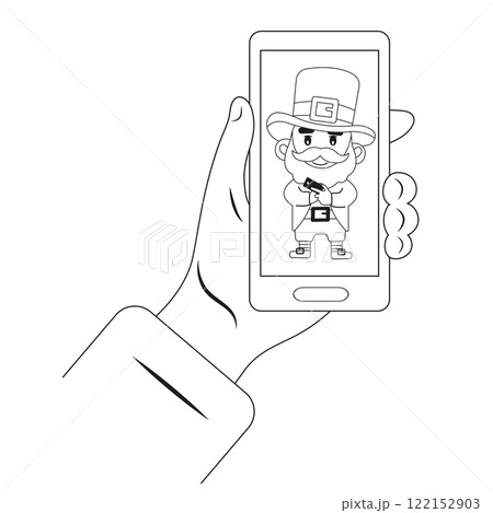 Hand holding a phone, leprechaun on the screen. Vector illustration for St. Patrick's Day Hand holding a phone, leprechaun on the screen. Vector illustration for St. Patrick's Day 122152903