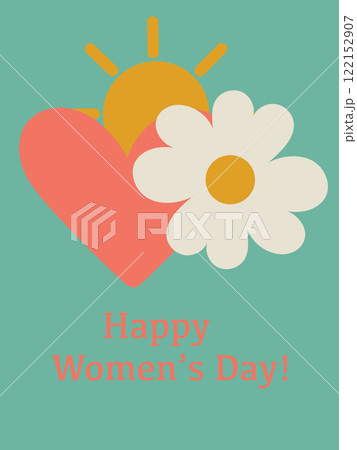 Colored postcard with the inscription Happy Women's Day. Bright flowers, sun, leaves. 122152907