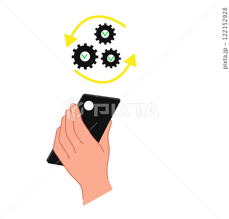 . Hand holding smartphone with rotating arrows and gear icons. Workflow optimization and task automation. Digital system management with completion status chec . Hand holding smartphone with rotating arrows and gear icons. Workflow optimization and task automation. Digital system management with completion status chec 122152928