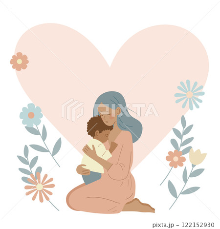 Mother's Day. Mother hugs her son. Child cuddles up to mother. International family. 122152930