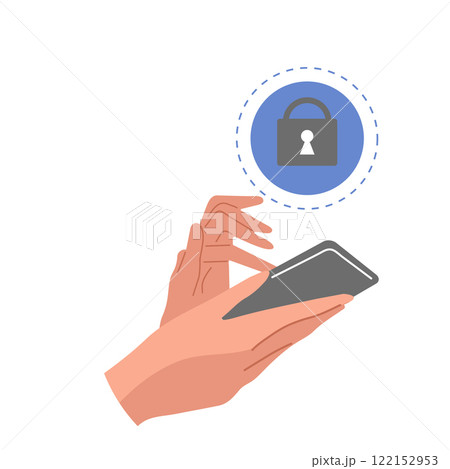 Smartphone usage for secure data access. Hands holding phone with closed lock icon. Concept of online privacy, security, and protection. 122152953