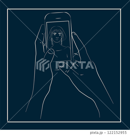 Line Art Hands Holding Smartphone with Asian Womans Face in Video Call 122152955