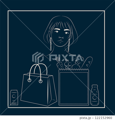Line Art Asian Woman with Grocery Bags Containing Vegetables, Fruit, and Water Bottle 122152960