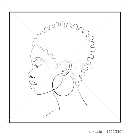Line Art Portrait of African American Woman with Short Hair and Large Hoop Earring 122153044