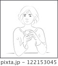 Line Art Asian Woman Drinking Coffee on White Background 122153045