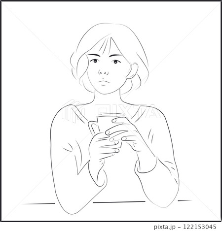 Line Art Asian Woman Drinking Coffee on White Background Line Art Asian Woman Drinking Coffee on White Background 122153045