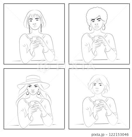 Line Art Set of Four Women Drinking Coffee, Diverse Ethnicities, Minimalist Style, White Background Line Art Set of Four Women Drinking Coffee, Diverse Ethnicities, Minimalist Style, White Background 122153046