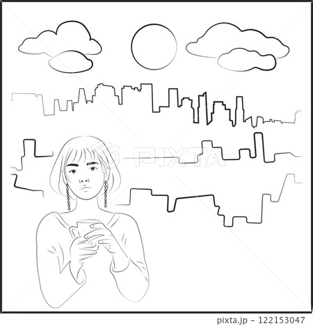 Big city. Asian Woman Drinking Coffee on White Background Big city. Asian Woman Drinking Coffee on White Background 122153047