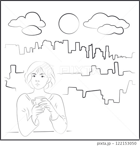 Big city. Asian Woman Drinking Coffee on White Background 122153050
