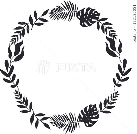 Monstera and Palm Leaf Wreath Circle, Black and White Minimalist Frame 122153051