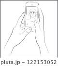 Line Art Hands Holding Smartphone with Asian Womans Face in Video Call 122153052