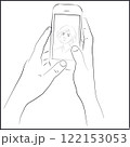 Line Art Hands Holding Smartphone with Asian Womans Face in Video Call 122153053