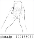 Line Art Hands Holding Smartphone with White Woman's Face in Video Call 122153054