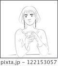 Line Art Asian Woman Drinking Coffee on White Background 122153057