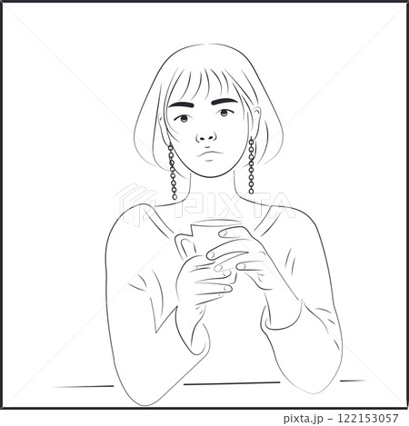 Line Art Asian Woman Drinking Coffee on White Background 122153057