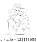 Line Art White Woman in Hat Drinking Coffee at Cafe 122153059