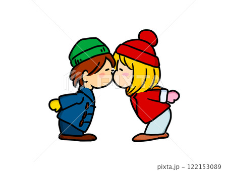 手描きイラスト子供 かわいい男の子と女の子カップル  キス 2〜3頭身キッズキャラ 手描きイラスト子供 かわいい男の子と女の子カップル  キス 2〜3頭身キッズキャラ 122153089