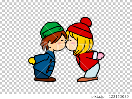 手描きイラスト子供 かわいい男の子と女の子カップル  キス 2〜3頭身キッズキャラ 手描きイラスト子供 かわいい男の子と女の子カップル  キス 2〜3頭身キッズキャラ 122153089