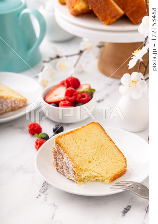 Classic vanilla pound cake sliced and ready to eat Classic vanilla pound cake sliced and ready to eat 122153488