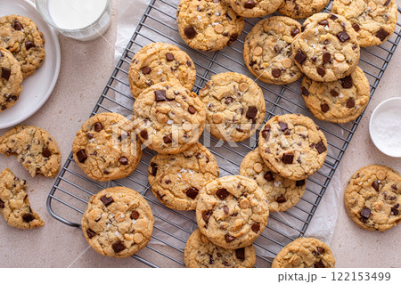 Fresh baked chocolate chip cookies on cooling rack Fresh baked chocolate chip cookies on cooling rack 122153499