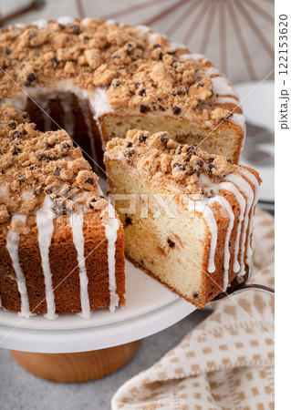 Chocolate chip cookie filled pound cake sliced, fun dessert idea 122153620
