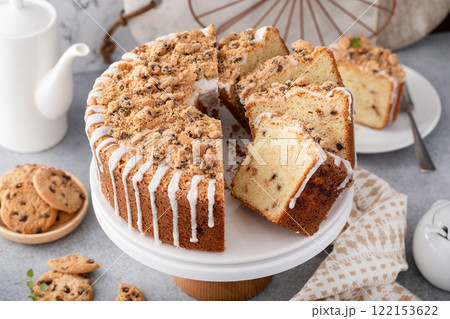 Chocolate chip cookie filled pound cake sliced, fun dessert idea 122153622