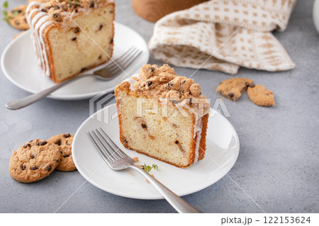 Chocolate chip cookie filled pound cake sliced, fun dessert idea 122153624