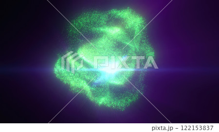 Vivid green particles floating in a dark purple sphere forming a glowing organic shape with bright center light background Vivid green particles floating in a dark purple sphere forming a glowing organic shape with bright center light background 122153837