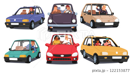 People inside car different situation and activities while diving or riding vehicle isolated set People inside car different situation and activities while diving or riding vehicle isolated set 122153877