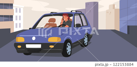 Young man using mobile phone while driving car over city roadway cartoon vector illustration 122153884