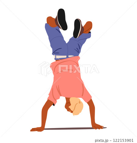 Athlete teenage guy cartoon character jumping on hands stands upside down performing acrobatic trick 122153901