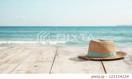 Straw hat on wooden deck overlooking tranquil ocean. Summer banner with empty space, vacation and travel theme 122154229