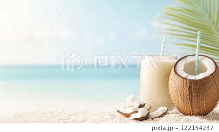 Tropical beach background with coconut drink, palm leaves, blurred ocean and ample empty space 122154237