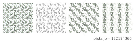 Seamless pattern set with small green leaves. Perfect for background, textile, or wrapping paper A delicate, repeating pattern featuring tiny green leaves. Ideal for creating a fresh aesthetic 122154366