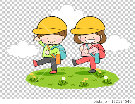 Illustration of a group of people walking side by side through the fields on a field trip 122154540