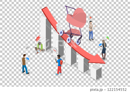 3D Isometric Flat  Illustration of Fertility Reduction In Europe, Decline Chart Showing Decrease in Number of People over Time. 122154552