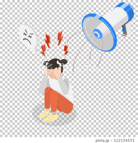 3D Isometric Flat  Illustration of Symptom Of Autism Spectrum Disorder, Discomfort and Distress in Noisy Environment 122154555