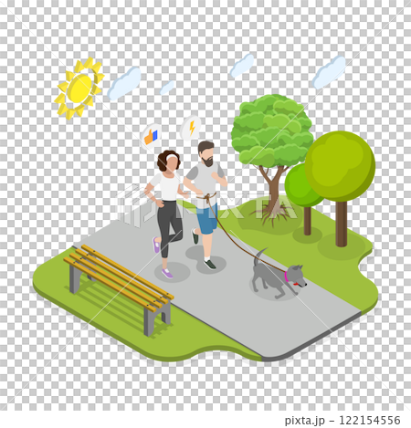 3D Isometric Flat  Illustration of Jogging Together, Couple and Dog Running in Park in Sportswear 122154556