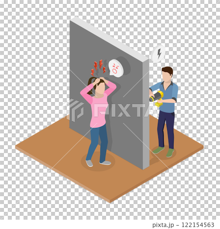 3D Isometric Flat  Illustration of Loud Neighbor, Woman Irritated by Noisy Neighbors Home Repairs 122154563