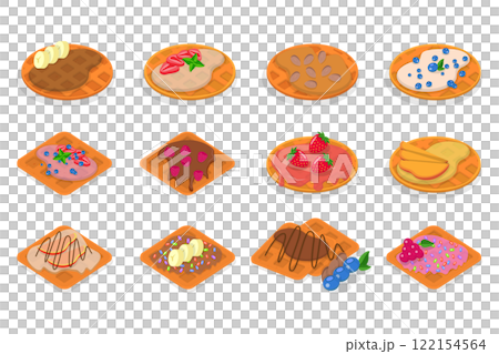 3D Isometric Flat Illustration of Homemade Pastry, Assorted Belgian Waffles with Fresh Berries, Cream, and Icecream 3D Isometric Flat Illustration of Homemade Pastry, Assorted Belgian Waffles with Fresh Berries, Cream, and Icecream 122154564