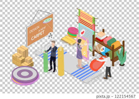3D Isometric Flat  Illustration of Textile Shop, Manufacture, Sale of Carpets and Materials 122154567