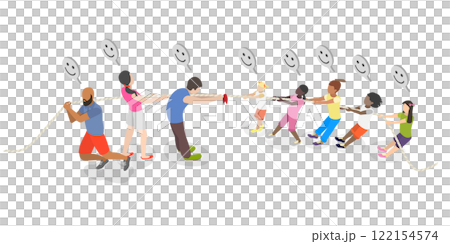 3D Isometric Flat  Illustration of Family Competition, Kids and Adults Compete Test Strength and Teamwork 122154574
