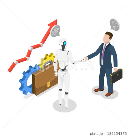 3D Isometric Flat  Illustration of Contract With Ai Robot, Shaking Hands with Robot 122154576