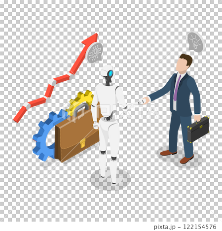 3D Isometric Flat  Illustration of Contract With Ai Robot, Shaking Hands with Robot 122154576