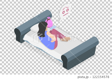 3D Isometric Flat  Illustration of Period Pain, Suffering Menstrual Abdominal Pain 122154578