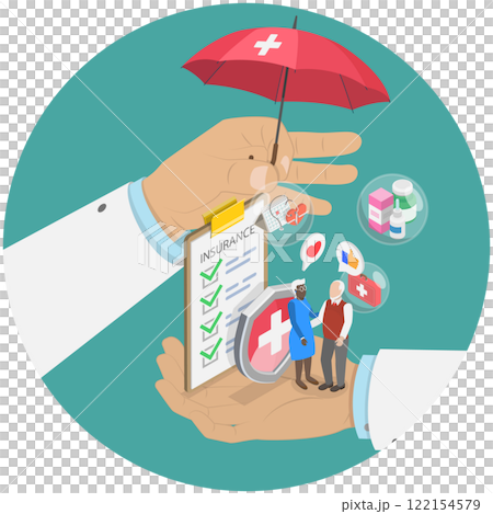 3D Isometric Flat  Illustration of Insurance Plan For Senior , Medicine and Healthcare for Eldery 122154579